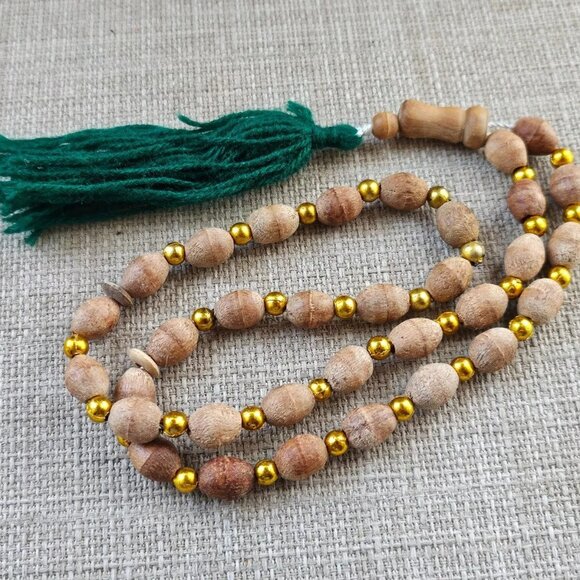 Other - Islamic Tasbeeh Brown Real Wood Handmade Prayer Beads Green Tassel New
